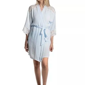 Linea Donatella Women's Blue Luxe Satin Lace Trim Bridal Robe L/XL